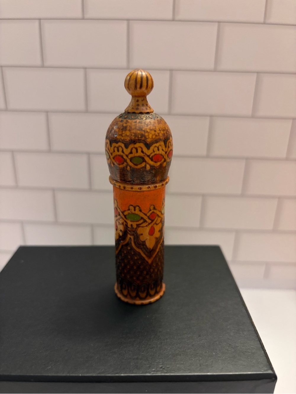 Vintage Bulgarian Wooden Needle Case Travel Sewing Etui Pyrography Folk Art
